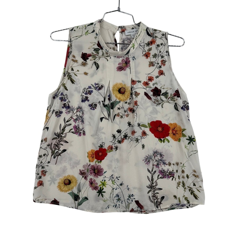Amour Vert Silk Blouse Women XL Ivory Floral Sleeveless High Neck Excellent